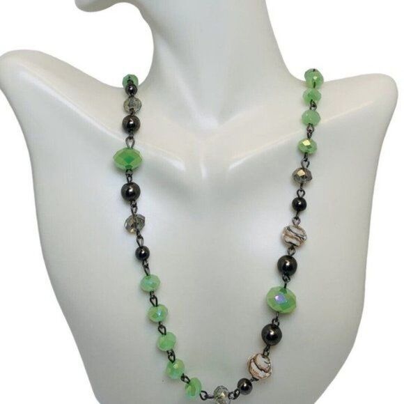 Vintage Lime Green Faceted Glass Sparkly Beaded Gunmetal Station Necklace 40” - Picture 7 of 8